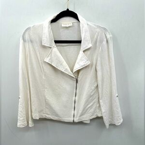 MOSAIC & CO white linen blend long sleeve moto cottagecore boho chic jacket.  XL